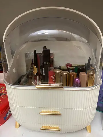 Rotating Acrylic Makeup Organizer with Dome Cover - White & Gold