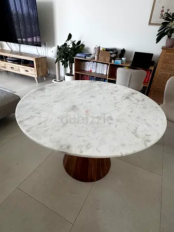 Round Marble Top Dining/Side Table with Wooden Base