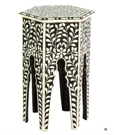 Round Side Table, Black Bone Inlay, Beautiful Floral