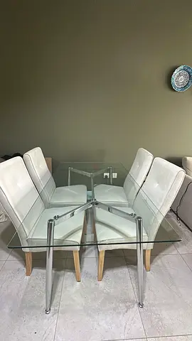 Glass Top Dining Table with 4 Cream Chairs - Excellent Condition