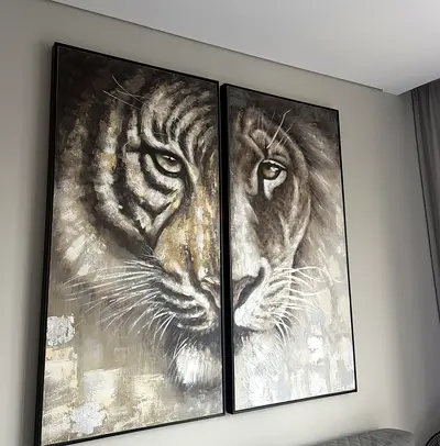 Large Tiger & Lion Framed Canvas Art - Set of 2 Panels