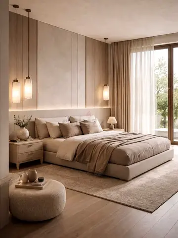 Large neutral beige upholstered bed