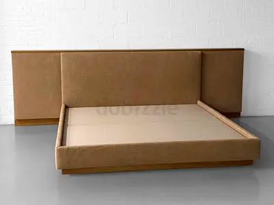King size upholstered platform bed frame with large headboard - beige