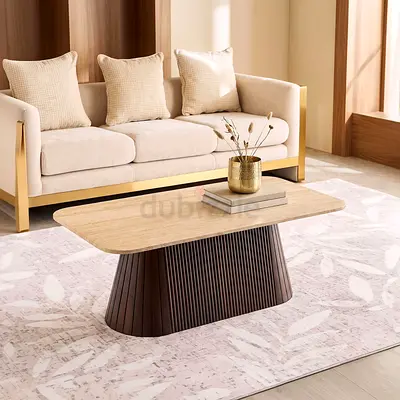 New Cavon Ribella Genuine Travertine Top Coffee Table with Solid Wood Base