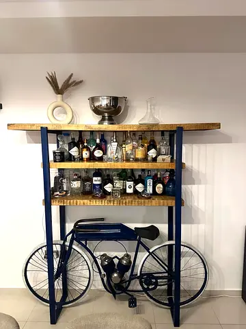 Unique Bicycle Bar Shelf - Wooden Top with Metal Frame