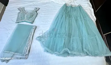 Seafoam green lehenga set with heavily embroidered blouse and net dupatta - size S to M