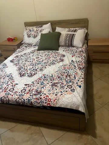 Wooden double bed frame with two bedside tables - good condition full bedroom