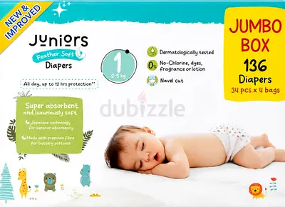 Juniors Feather Soft Baby Diapers Jumbo Box - 136 pcs (Size 2-5 kg)