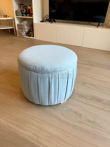 Light blue fabric round ottoman/pouf with storage - Excellent Condition