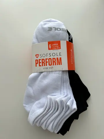 6-pack SOFSOLE low cut performance socks — mixed black & white, size L (new)