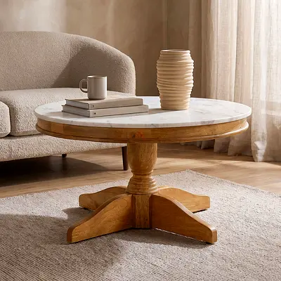 New Degas Round Genuine Marble Top Coffee Table with Solid Wood Base