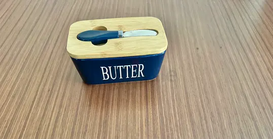 Blue Ceramic Butter Dish with Lid and Spreader