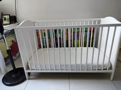 White Wooden Baby Crib - Standard Size, Good Condition