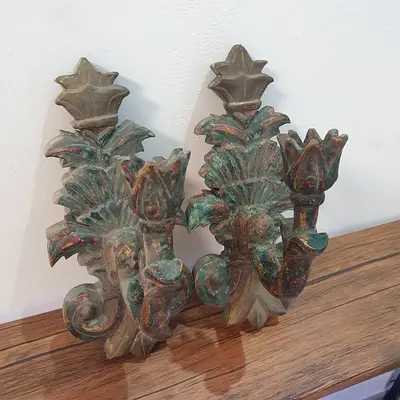Pair of Appliques/ Candle Holder Vintage/ Carved Decorative Wood Corbels.