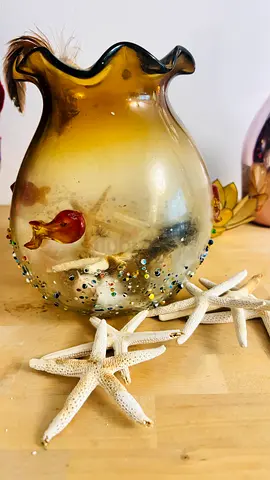 Handmade Italy Amber Ruffled Glass Vase with Embedded Beads