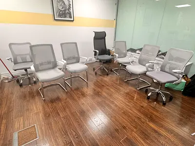 7 Pieces Modern Ergonomic Office Chairs – Grey Mesh with Wheels | Good Condition