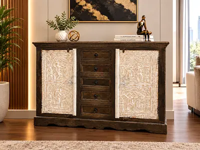 Marina Home Solid Wood Sideboard Cabinet with Carved Panels - Rustic Brown