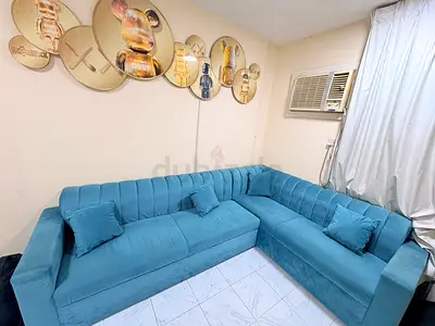 L-shaped teal velvet 6-seater sectional sofa - good condition