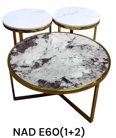 Set of 3 Round Marble-Top Nesting Coffee Tables with Gold Frame