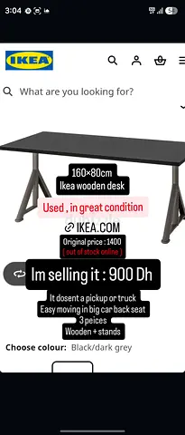 IKEA Wooden Desk 160x80cm - Black/Dark Grey, Good Condition