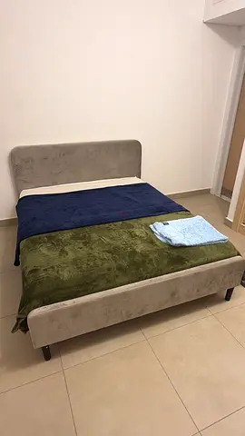 Queen upholstered bed frame with headboard - light grey
