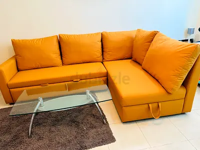 Mustard L-shaped Sofa Bed with Storage - Excellent Condition ( Less than 6 months )