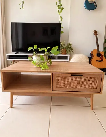 Modern Coffee Table with Woven Rattan Drawer - Light Oak