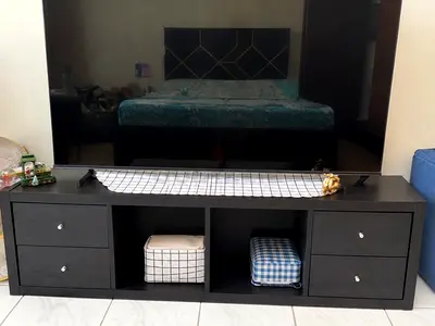 Dark Wood TV Console Unit with Drawers and Open Shelves