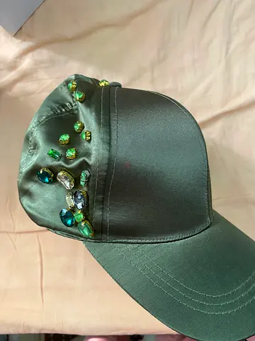 Green satin baseball cap with green crystal embellishments