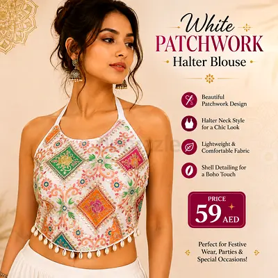 White Patchwork Halter Blouse with Shell Trim