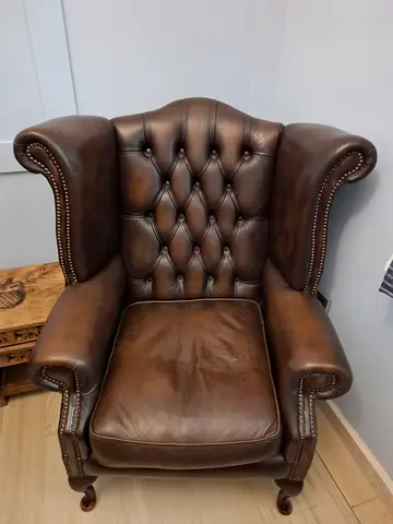 Chesterfield Brown Leather Wingback Armchair, Club Chair, and Sofa with Nailhead Trim made in the UK