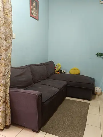 Dark blue L-shaped 3-seater sofa with chaise - good condition