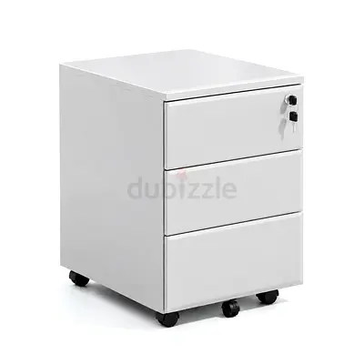 White metal 3-drawer lockable mobile pedestal on wheels