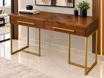 West Elm Wooden Console Table with Gold Metal Legs - 2 Drawers