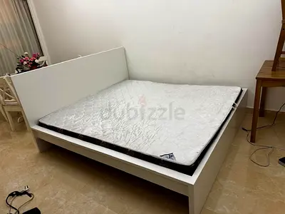 Ikea White platform double bed frame with mattress - simple modern design