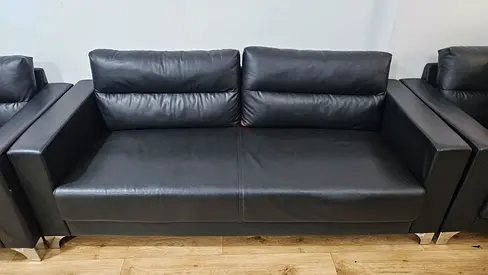 Black Leather 3-Seater Sofa with Metal Legs - Good Condition