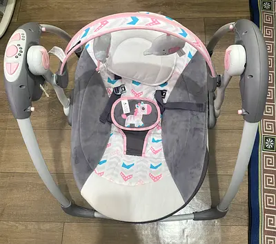 Compact Electric Baby Swing / Bouncer - Grey & Pink, Gently Used