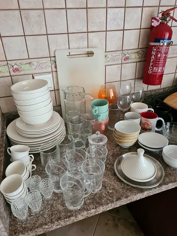 Assorted kitchen dinnerware and glassware set – plates, bowls, cups, glasses