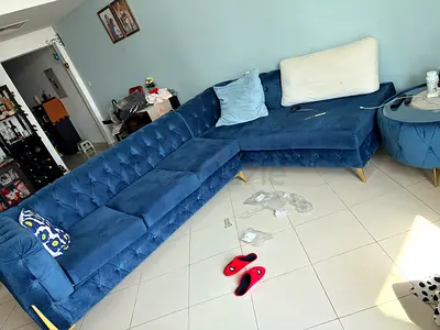 L-shaped Blue Velvet Corner Sofa - Good Condition