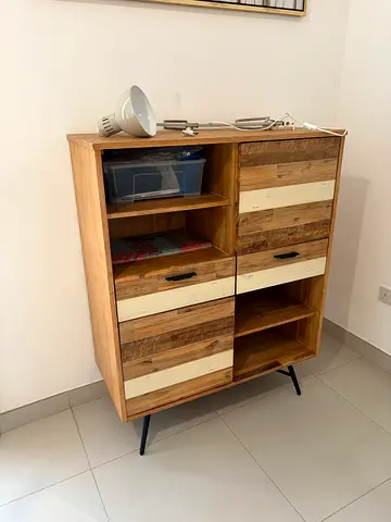 Wooden Storage Cabinet with Drawers and Open Shelves