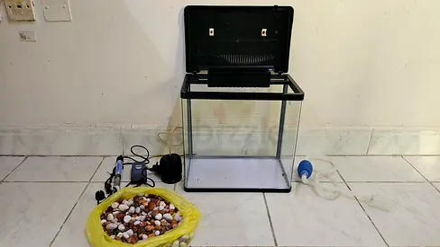 Small glass aquarium kit with filter, oxygen pump, heater, stones