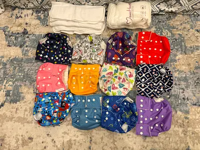 Set of 12 Reusable Cloth Diapers with extra Inserts — Unused Brand New, Bright Colors & Patterns