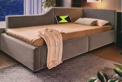 Modern upholstered bed with storage, like new original price is 1200 aed