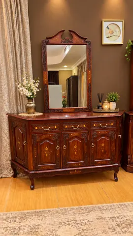 Antique Hand-Carved Solid Wood Sideboard with Mirror