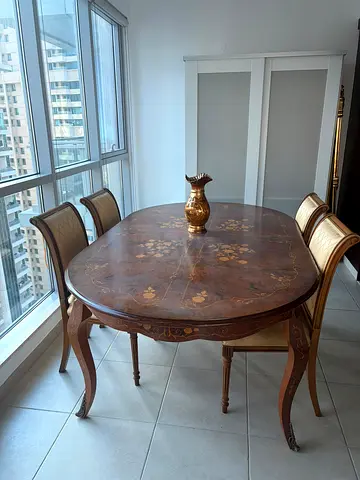 Antique-style Wooden Dining Table with 4 Chairs - Floral Inlay
