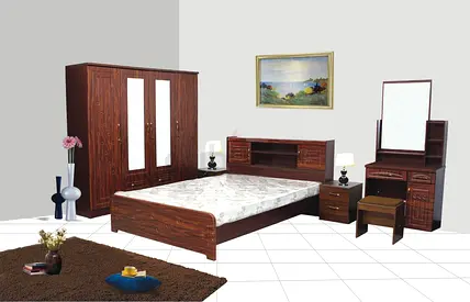 6-Piece Wooden Bedroom Set with Double Bed, Wardrobe & Vanity - Good Condition