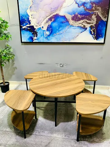 Round Wooden Coffee Table with 4 Nesting Stools - Modern Set