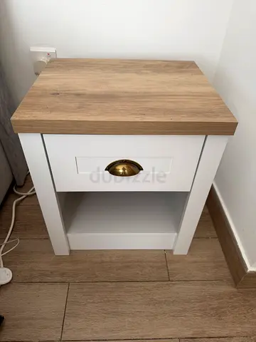 2x White and Oak Nightstand with Drawer and Open Shelf