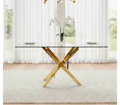 Glass Top Dining Table with Gold Crossed Base - Modern Elegant Design