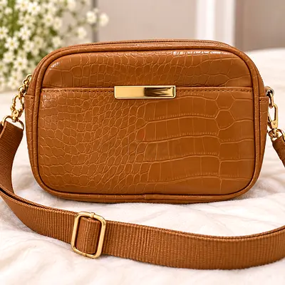Tan Croc-Embossed Crossbody Bag with Adjustable Strap